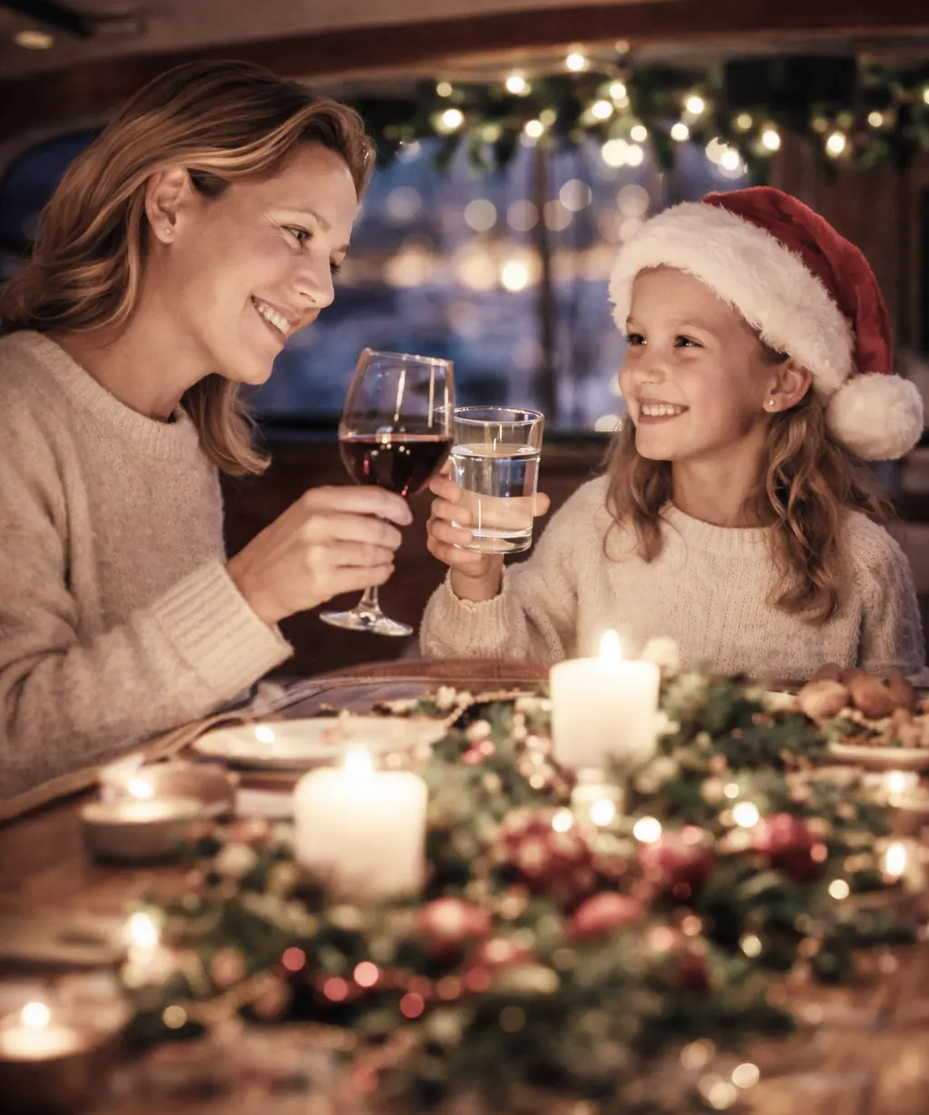 Familie auf Yacht feiert Weihnachten